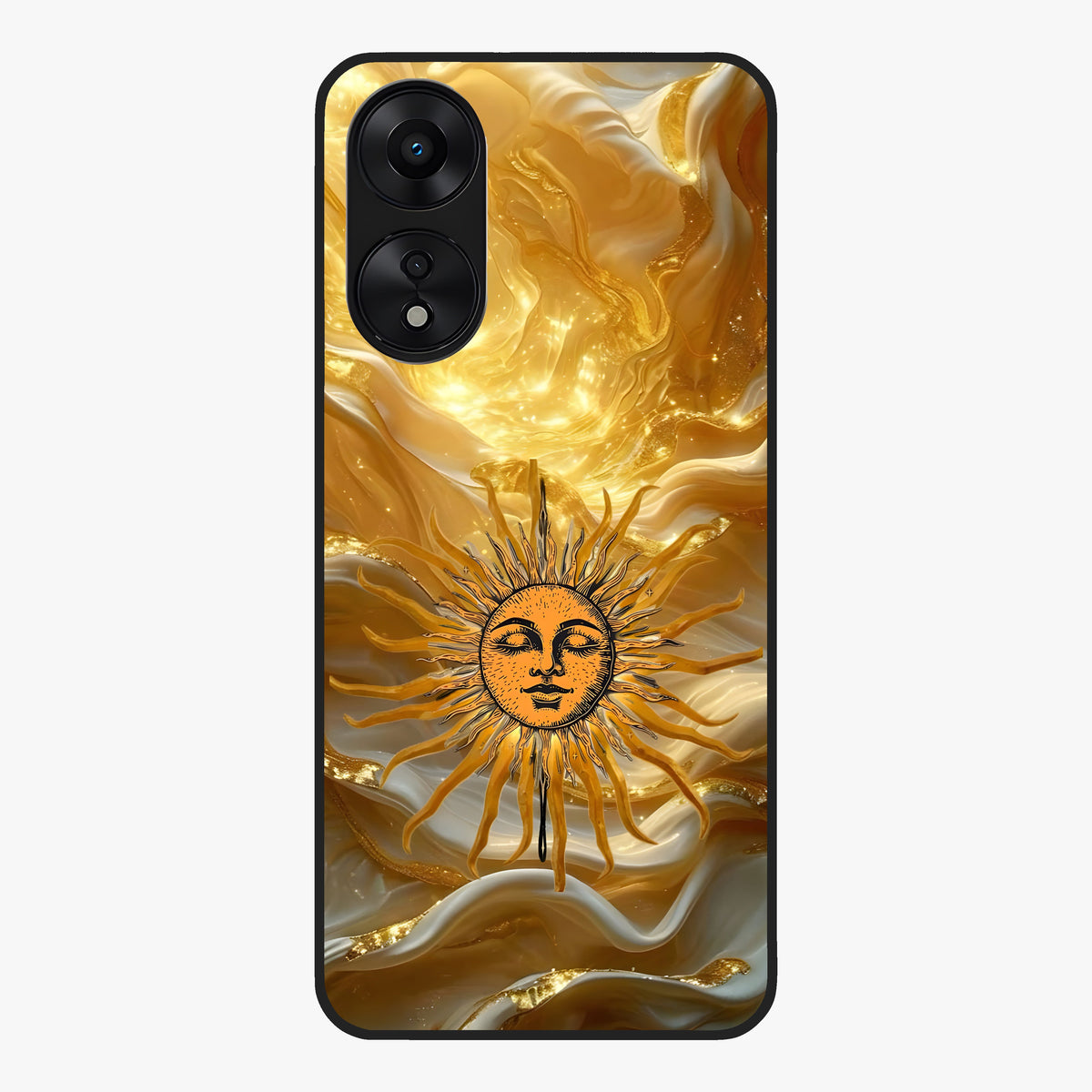 Eternal Golden Glow Glass Case showing flat back view with radiant golden themed artwork and glossy glass finish.