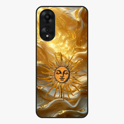 Eternal Golden Glow Glass Case showing flat back view with radiant golden themed artwork and glossy glass finish.