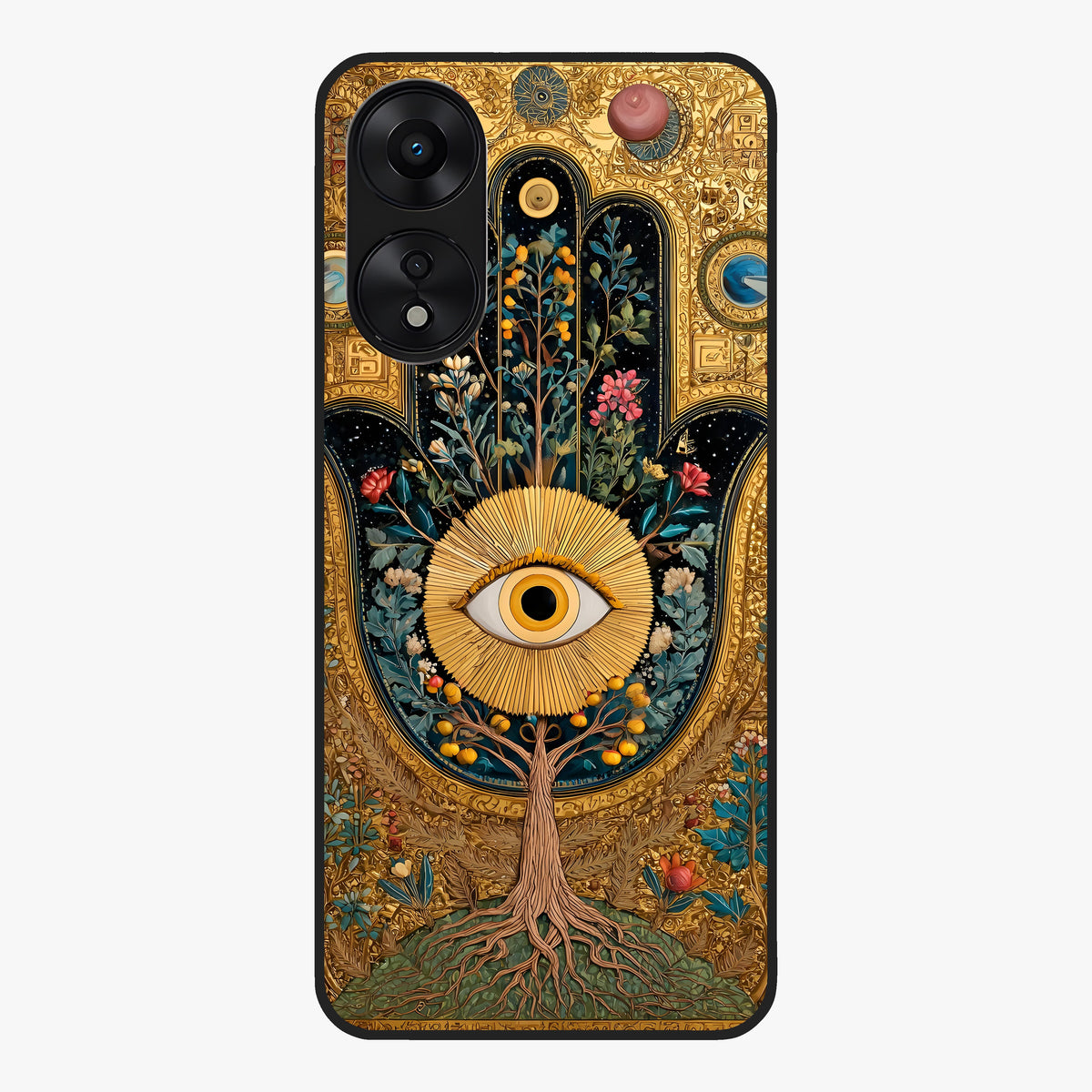 Ethereal Evil Eye Glass Case showing flat back view with mystical evil eye artwork and glossy glass finish.