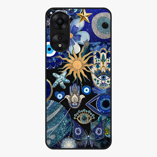 Evil Eye Charm Mix Glass Case showing flat back view with multiple evil eye charms artwork and glossy glass finish.