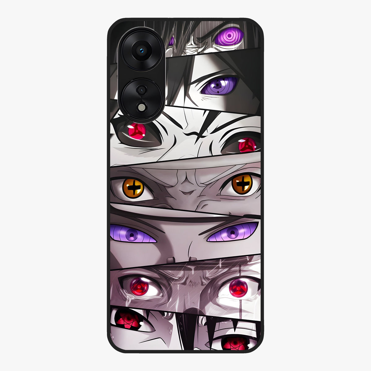 Eyes of Destiny Glass Case showing flat back view with striking eye themed artwork and glossy glass finish.