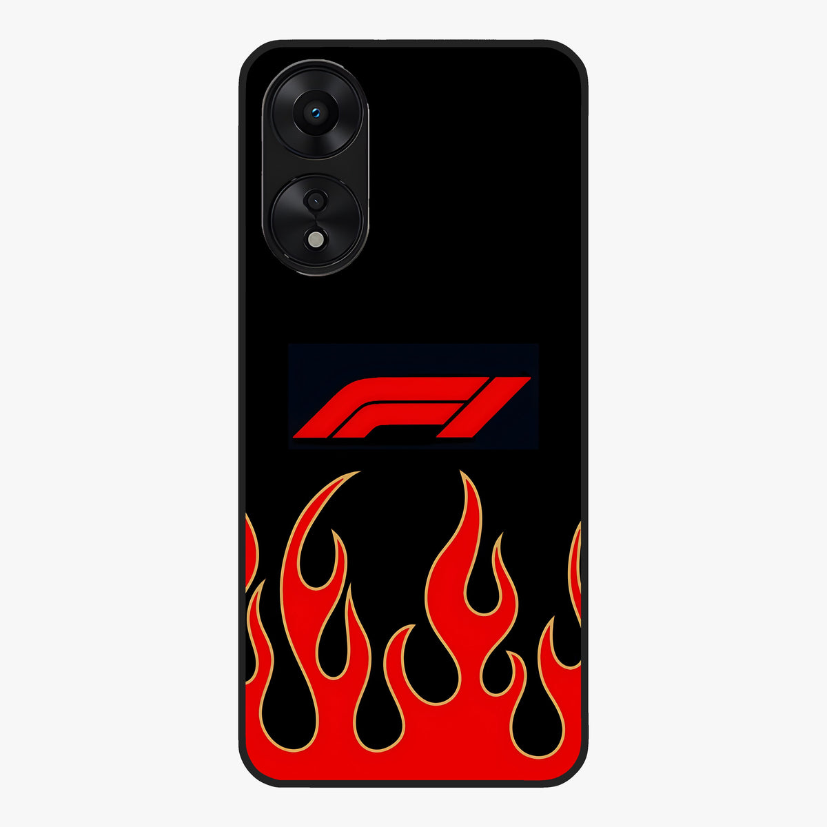 Fire F11 Glass Case showing flat back view with fiery themed artwork and glossy glass finish.