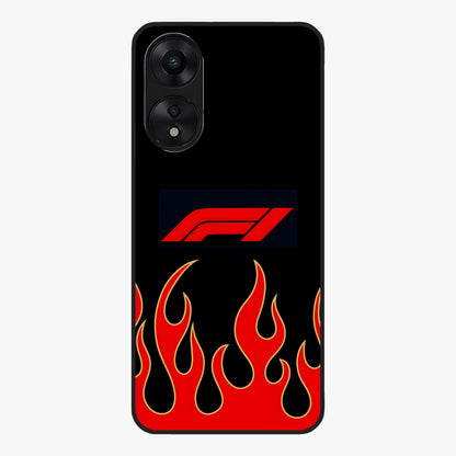 Fire F11 Glass Case showing flat back view with fiery themed artwork and glossy glass finish.
