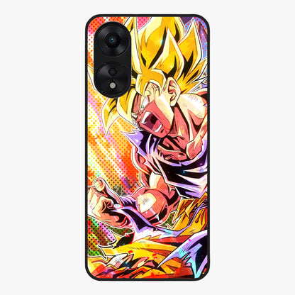 Firing Goku Glass Case showing flat back view with powerful anime inspired artwork and glossy glass finish.