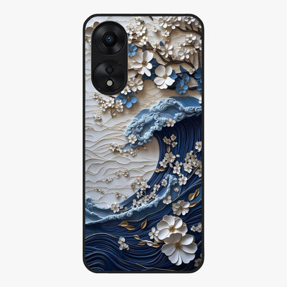 Floral Wave Origami Glass Case showing flat back view with origami inspired floral wave artwork and glossy glass finish.