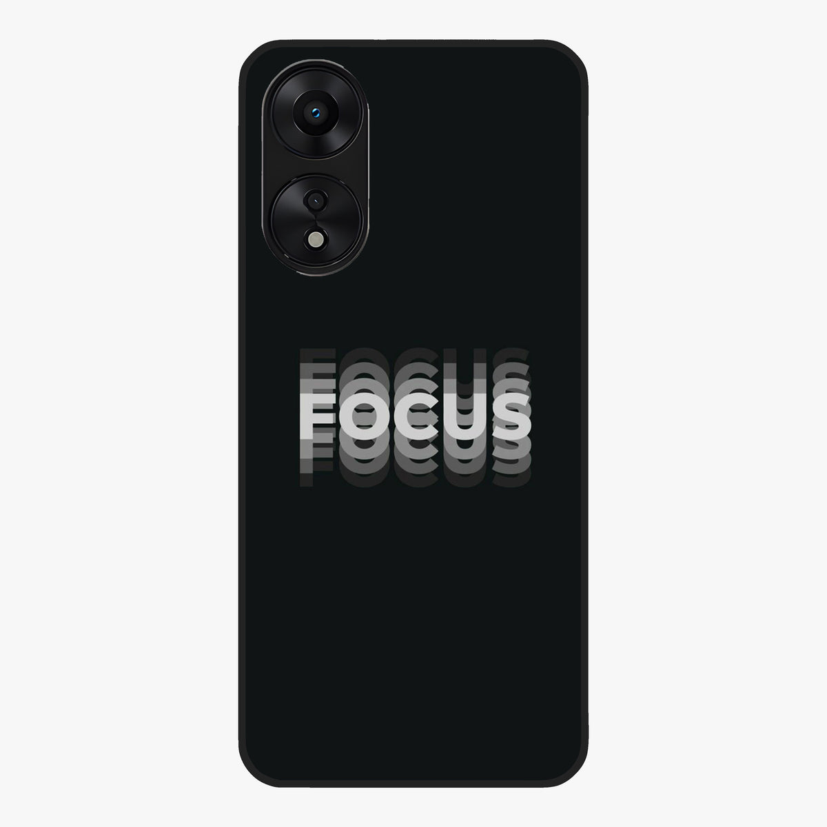 Focus Mode On Glass Case showing flat back view with bold motivational typography design and glossy glass finish.