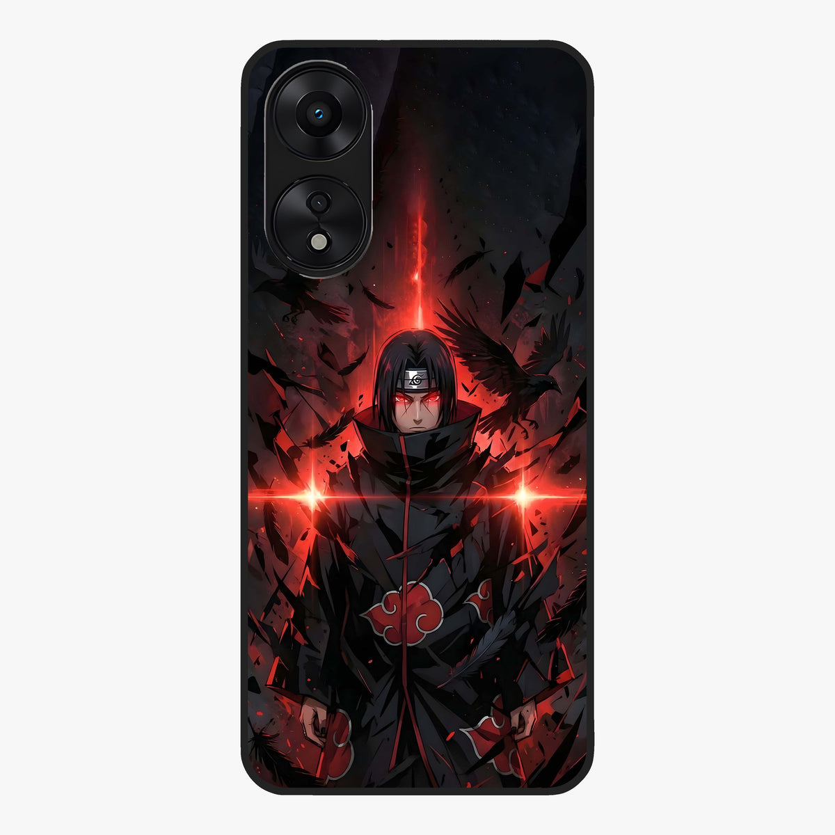 Focused Blade Discipline Glass Case showing flat back view with warrior sword themed artwork and glossy glass finish.