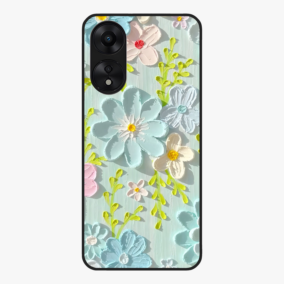 Frosted Petal Garden Glass Case showing flat back view with soft frosted floral artwork and glossy glass finish.