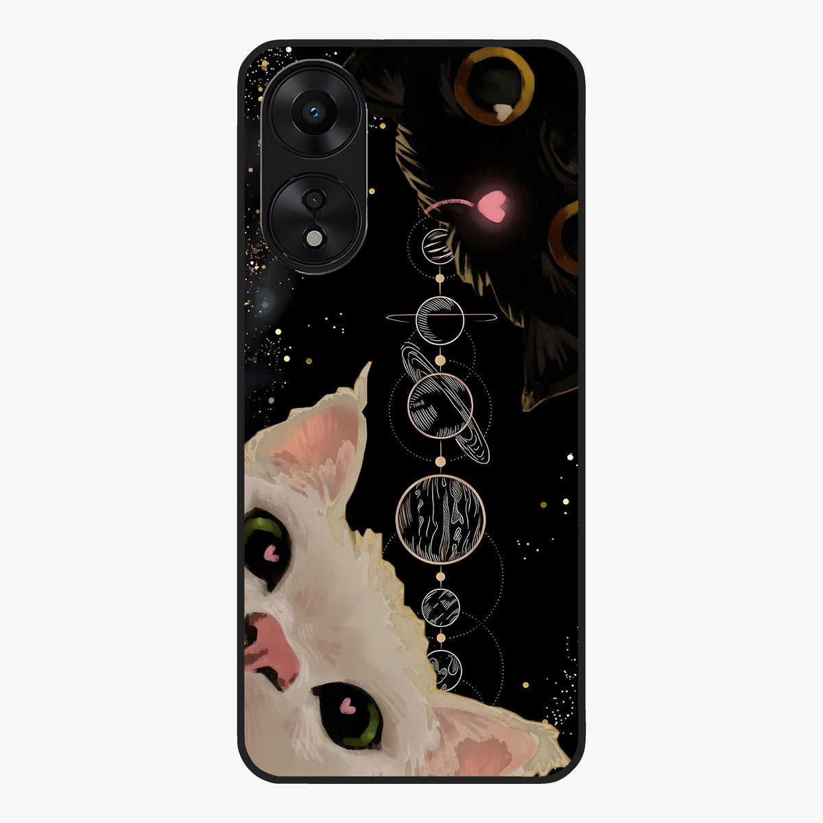 Galactic Cat Glass Case showing flat back view with cosmic cat artwork and glossy glass finish.