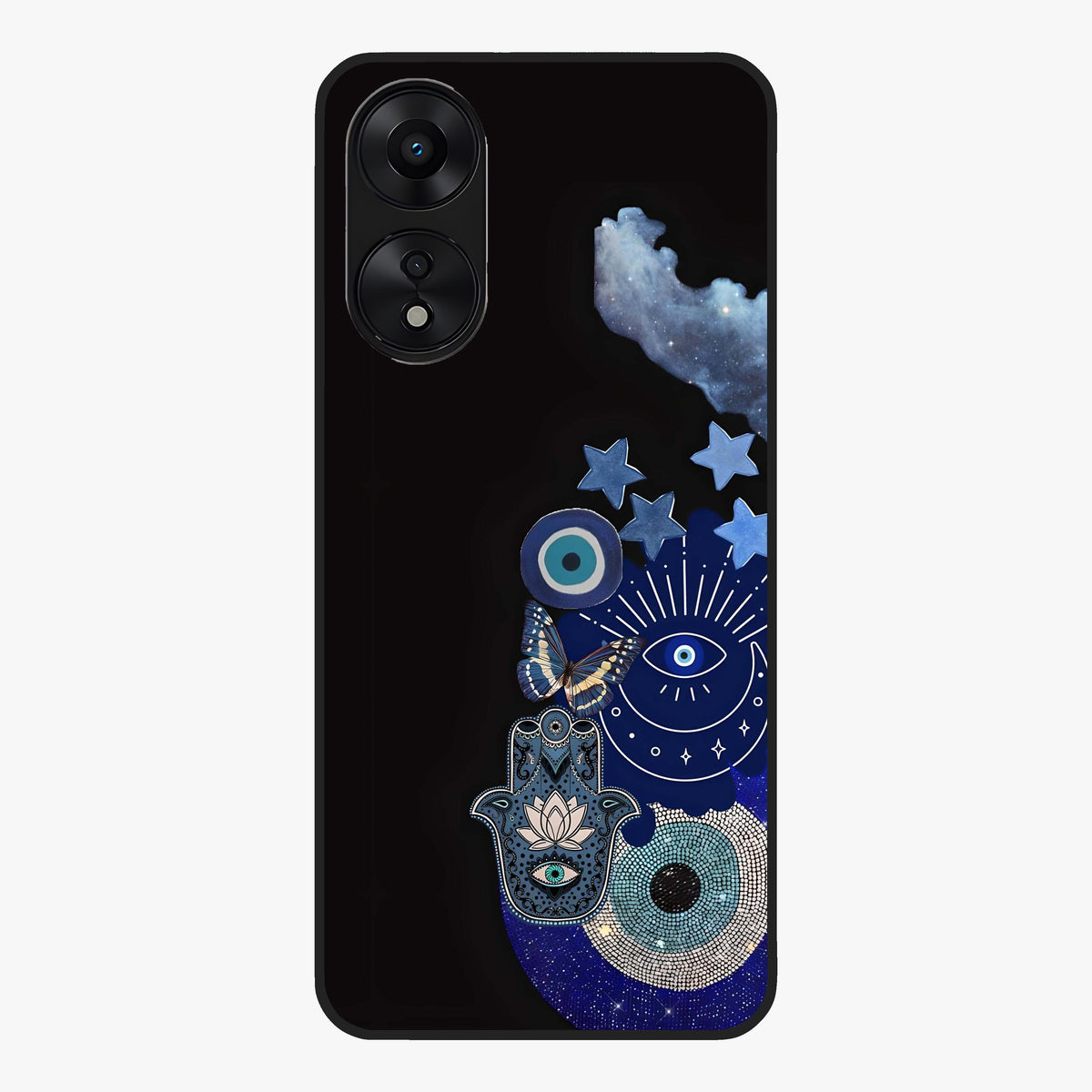 Galactic Charm Cluster Glass Case showing flat back view with glowing celestial charm artwork and glossy glass finish.