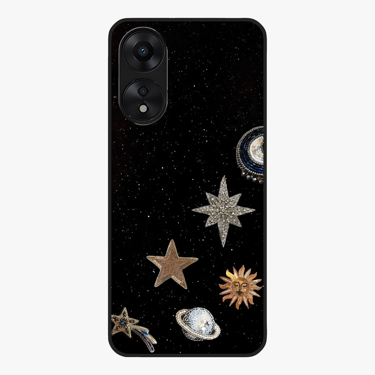 Galactic Charm Glow Glass Case showing flat back view with glowing celestial charm artwork and glossy glass finish.