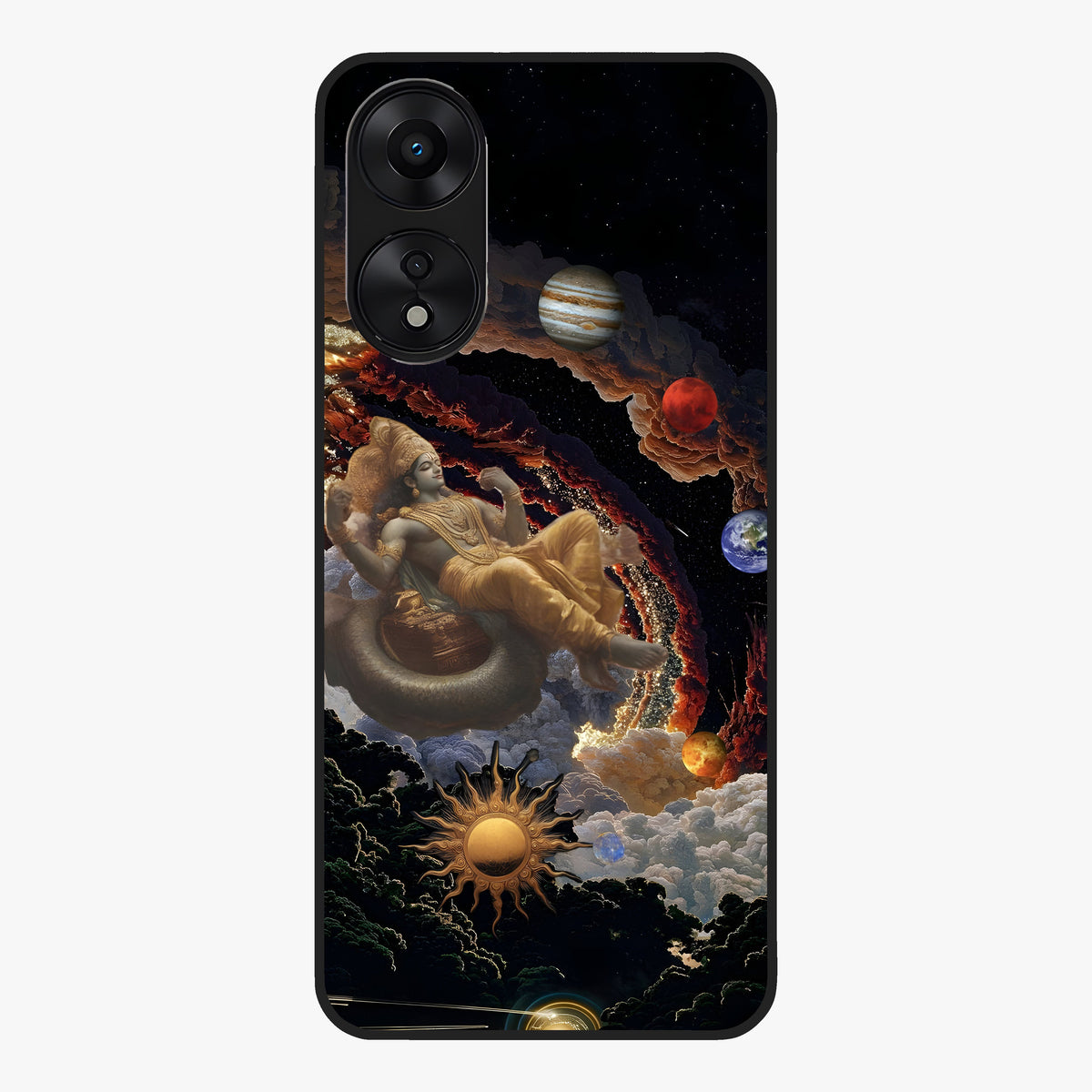 Galactic Divine God Glass Case showing flat back view with divine cosmic themed artwork and glossy glass finish.