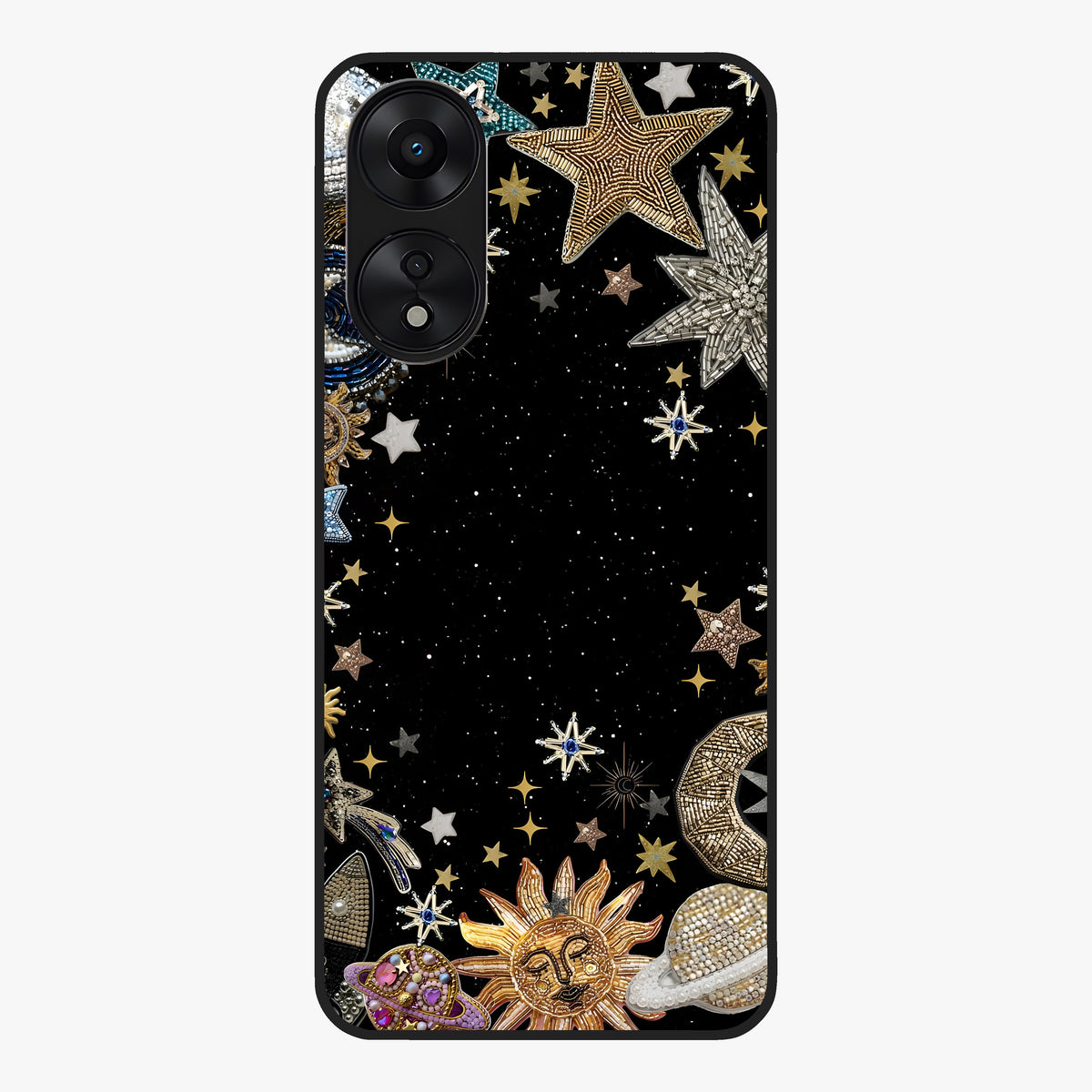 Galactic Jewel Stars Glass Case showing flat back view with sparkling star jewel artwork and glossy glass finish.