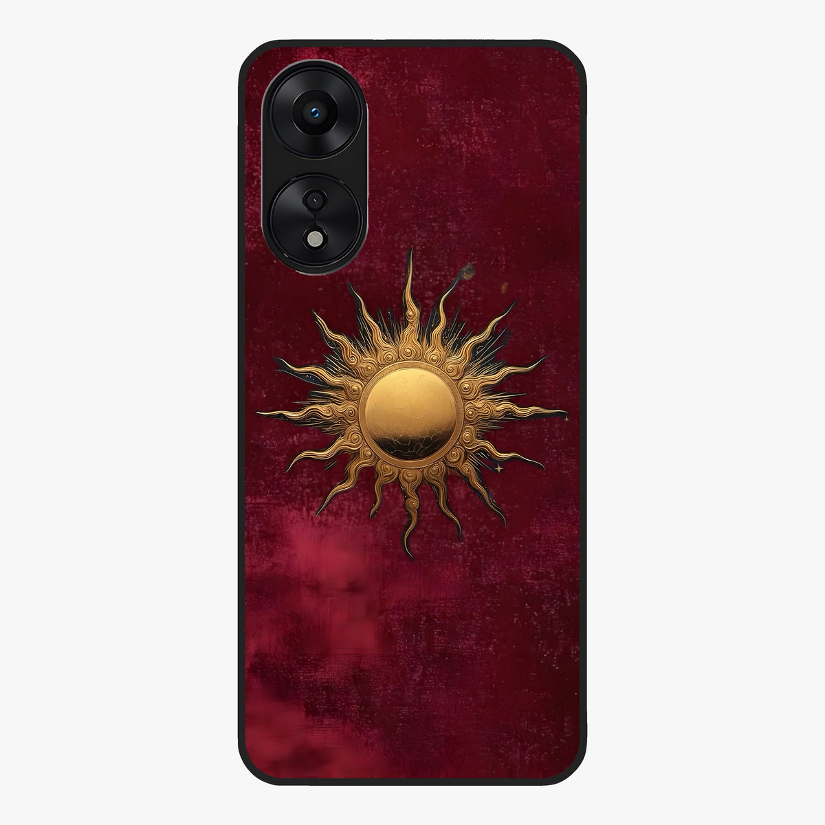 Gold Sun Blush Glass Case showing flat back view with golden sun inspired artwork and glossy glass finish.