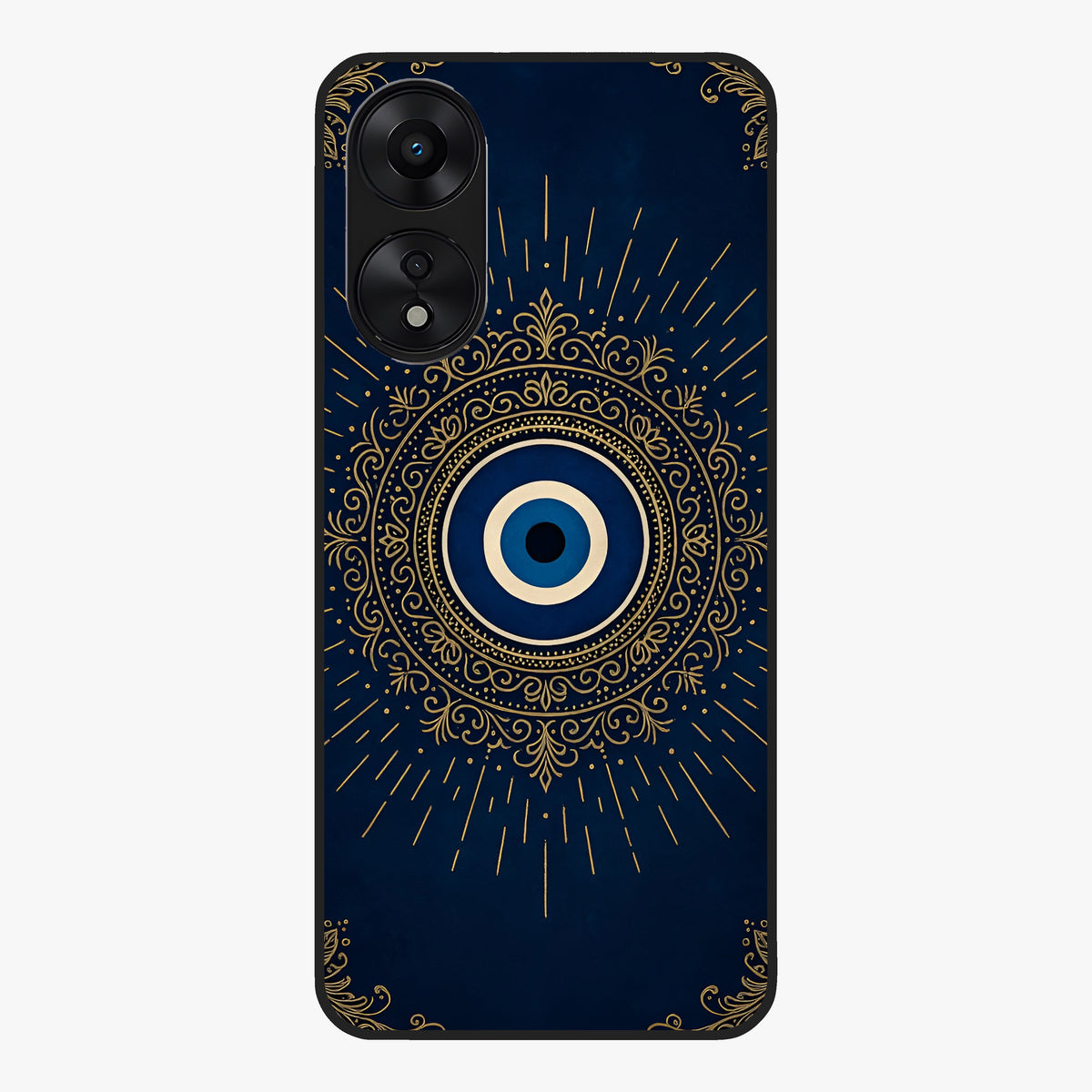 Golden Evil Eye Mandala Glass Case showing flat back view with intricate evil eye mandala artwork and glossy glass finish.