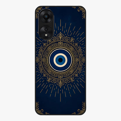 Golden Evil Eye Mandala Glass Case showing flat back view with intricate evil eye mandala artwork and glossy glass finish.