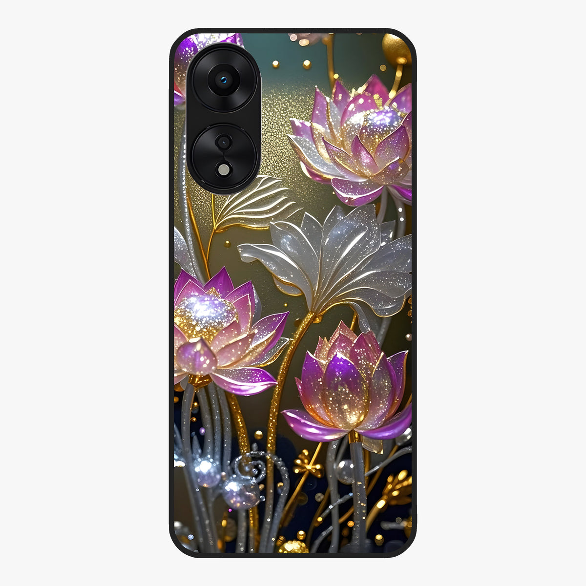 Golden Lotus Glow Glass Case showing flat back view with glowing lotus flower artwork and glossy glass finish.