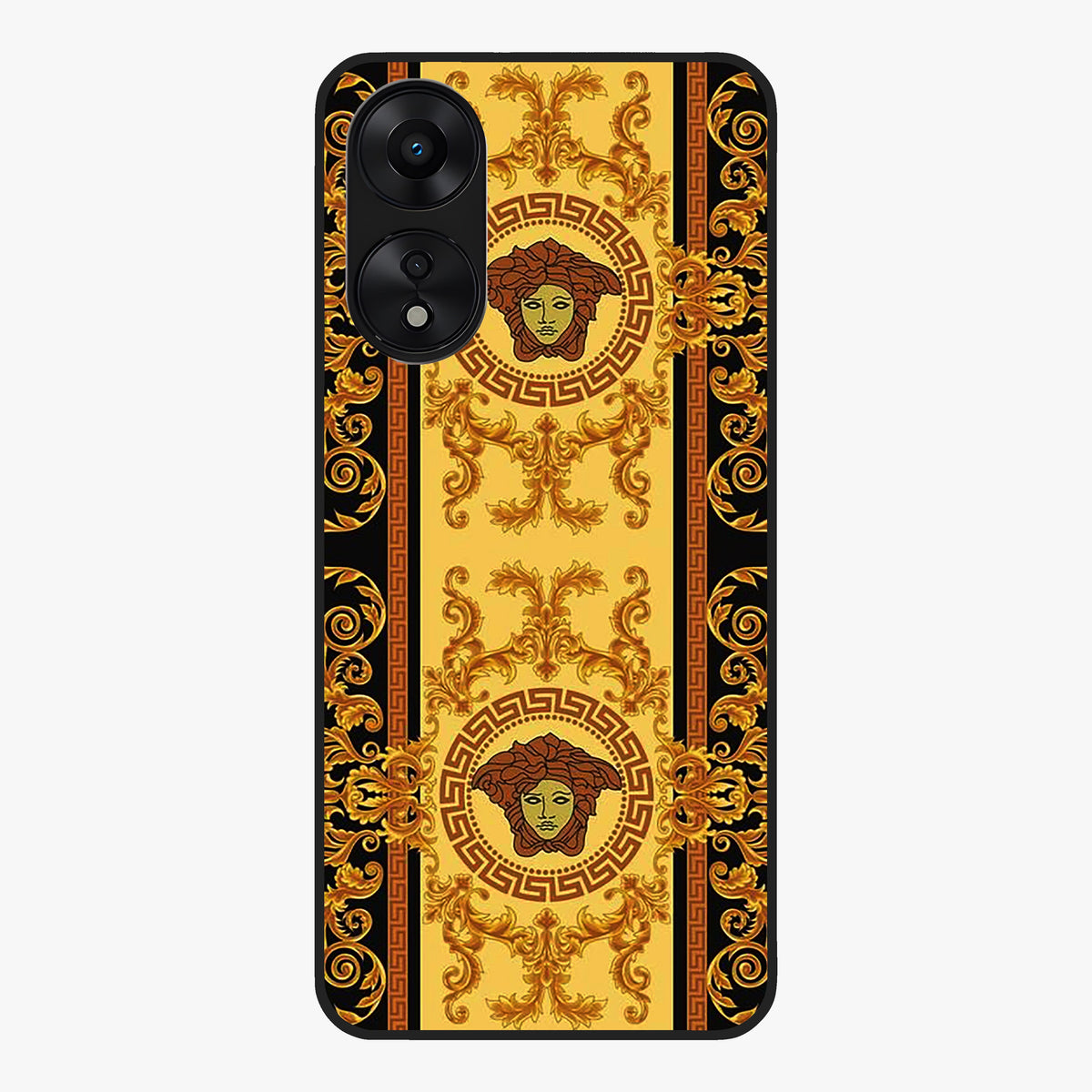 Golden Royal Heritage Glass Case showing flat back view with ornate royal pattern artwork and glossy glass finish.