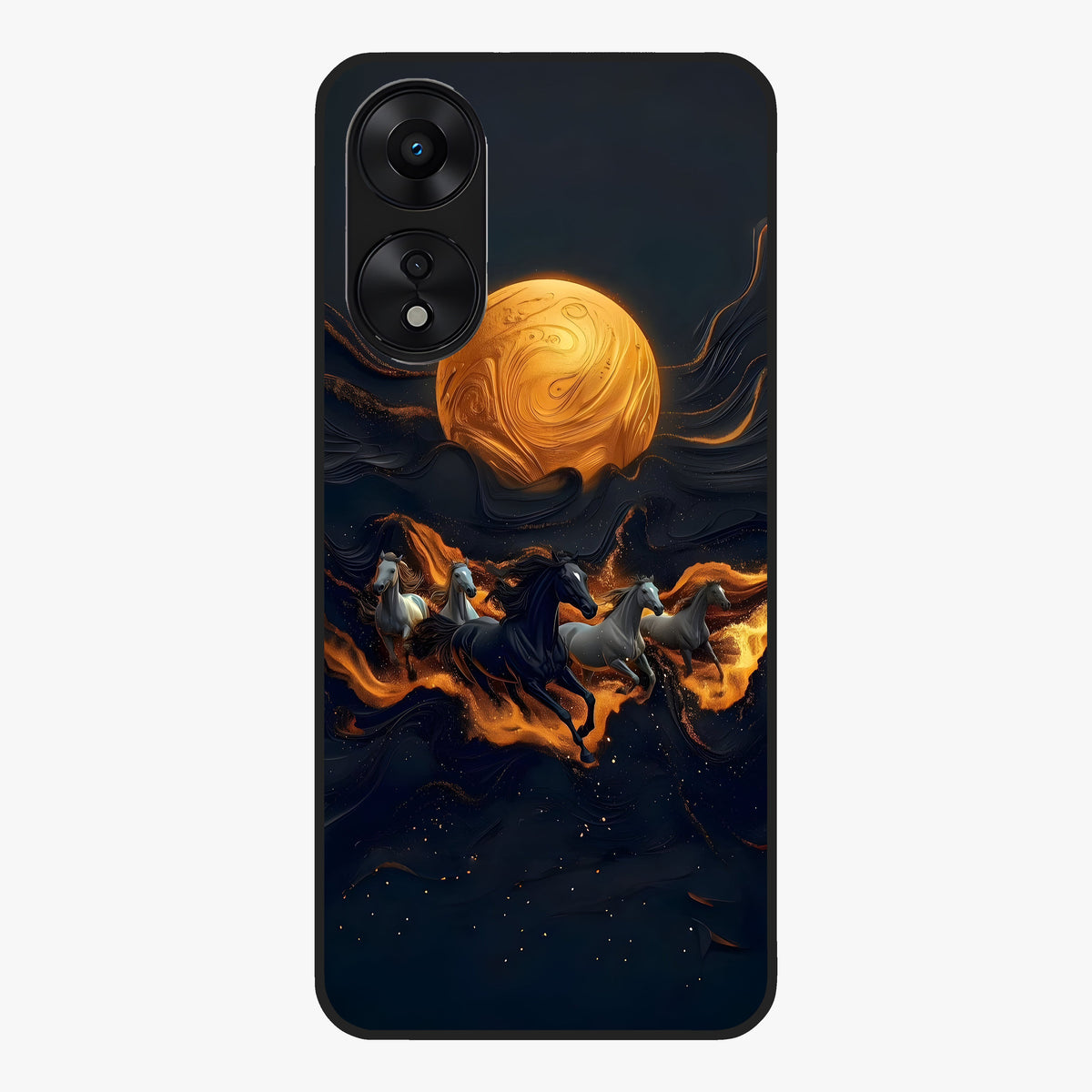 Golden Stallion Moonride Glass Case showing flat back view with majestic horse under moonlight artwork and glossy glass finish.