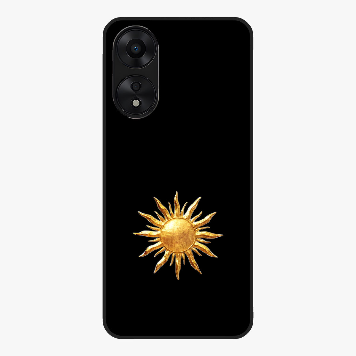 Golden Sun Minimalism Glass Case showing flat back view with minimal golden sun artwork and glossy glass finish.