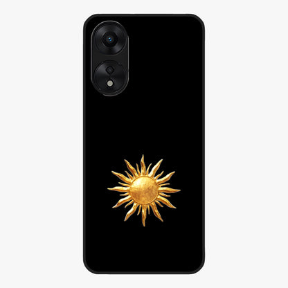 Golden Sun Minimalism Glass Case showing flat back view with minimal golden sun artwork and glossy glass finish.