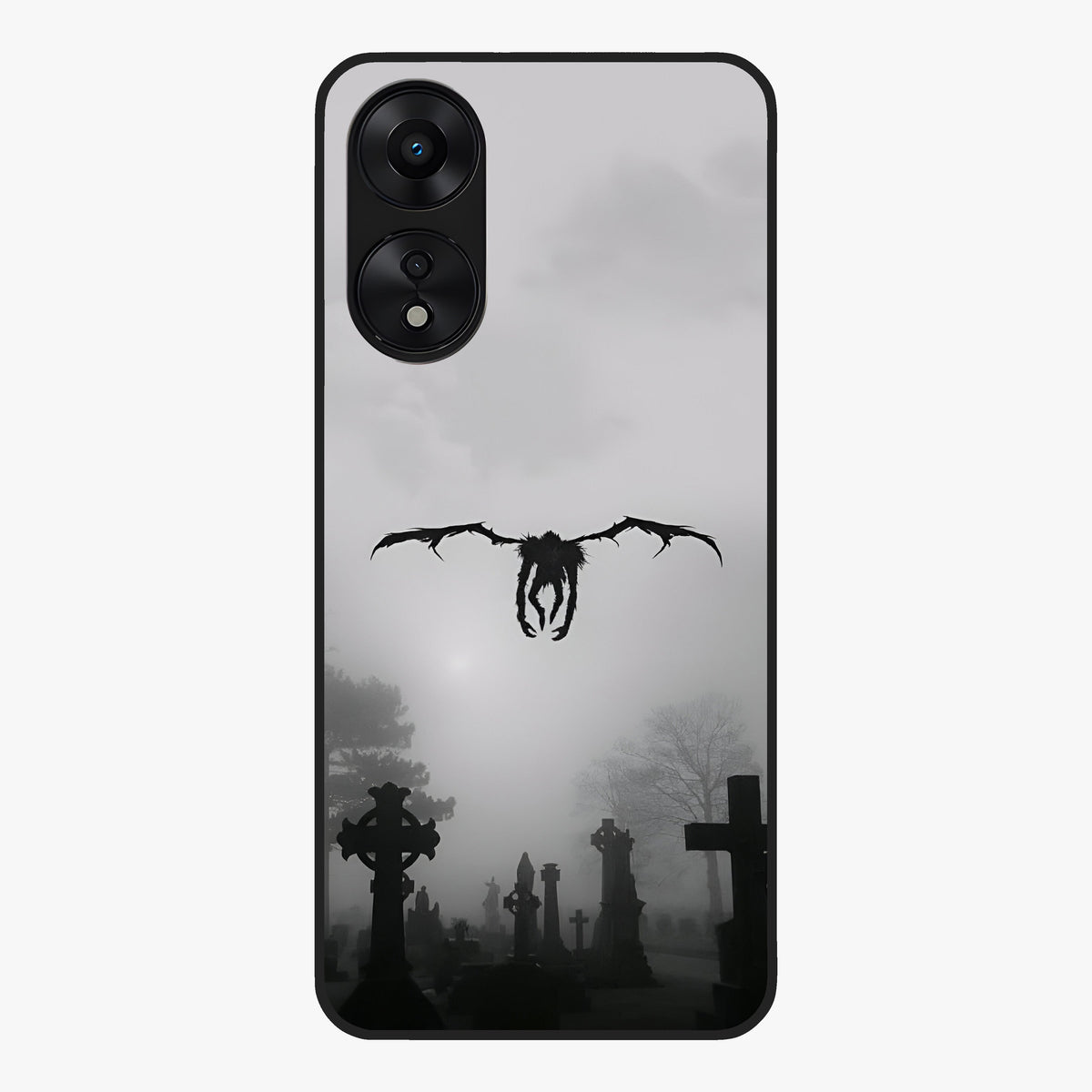 Graveyard Shadow Descent Glass Case showing flat back view with dark graveyard themed artwork and glossy glass finish.