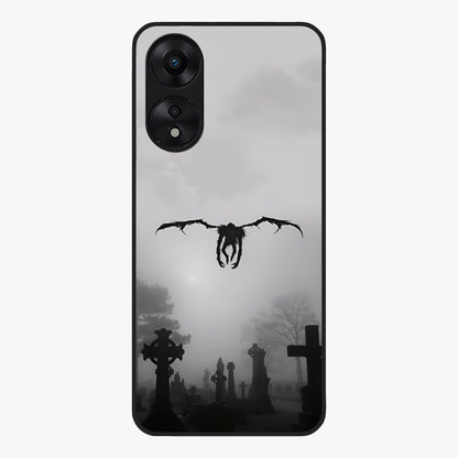 Graveyard Shadow Descent Glass Case showing flat back view with dark graveyard themed artwork and glossy glass finish.