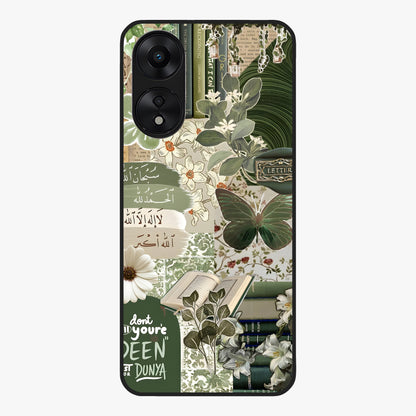 Green Islamic Books Quotes Glass Case showing flat back view with Islamic quotes and book themed artwork and glossy glass finish.