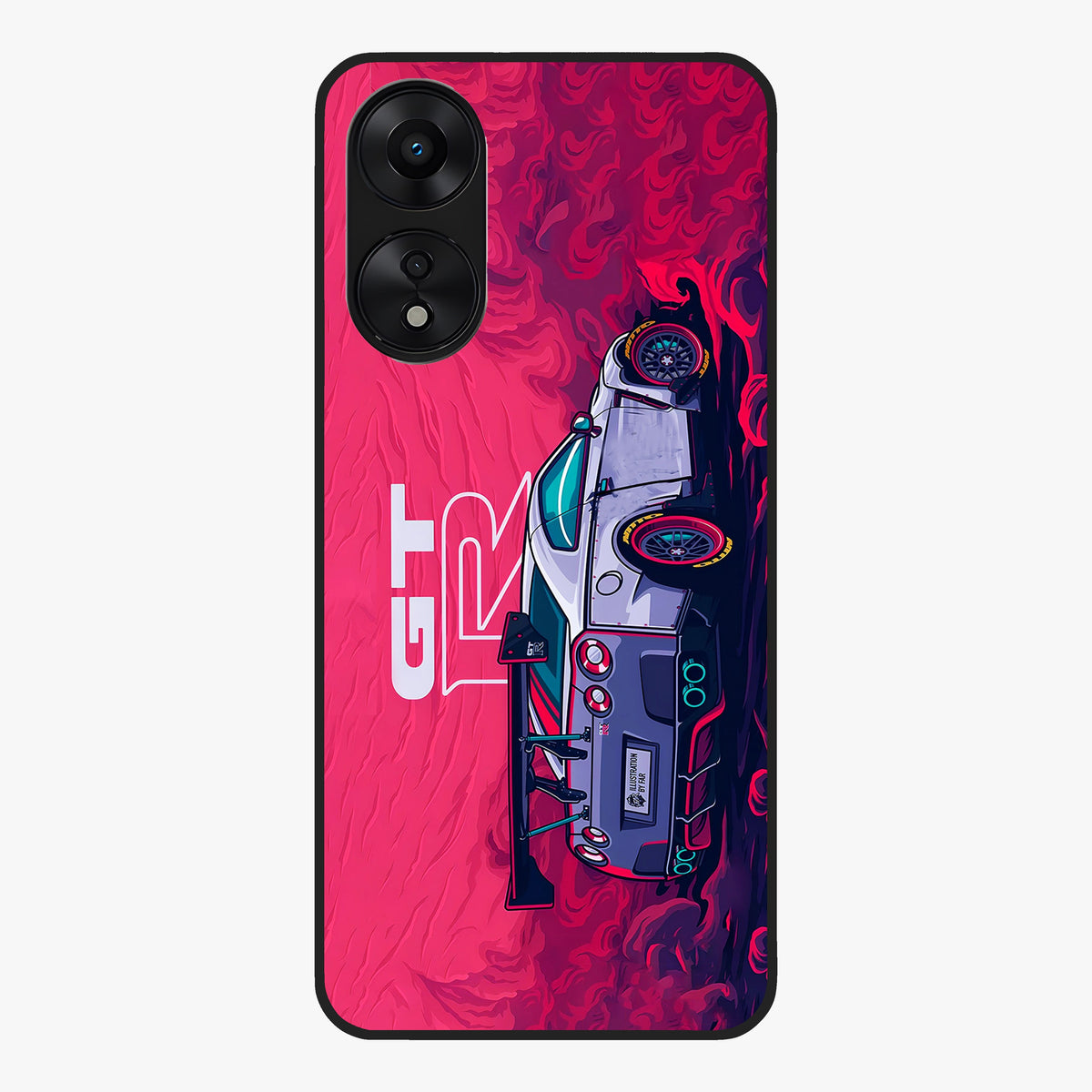 GT-R Car Pattern Glass Case showing flat back view with sporty car inspired pattern artwork and glossy glass finish.