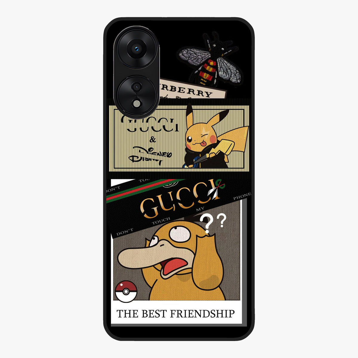 Gucci Play Mashup Glass Case showing flat back view with luxury inspired graphic artwork and glossy glass finish.