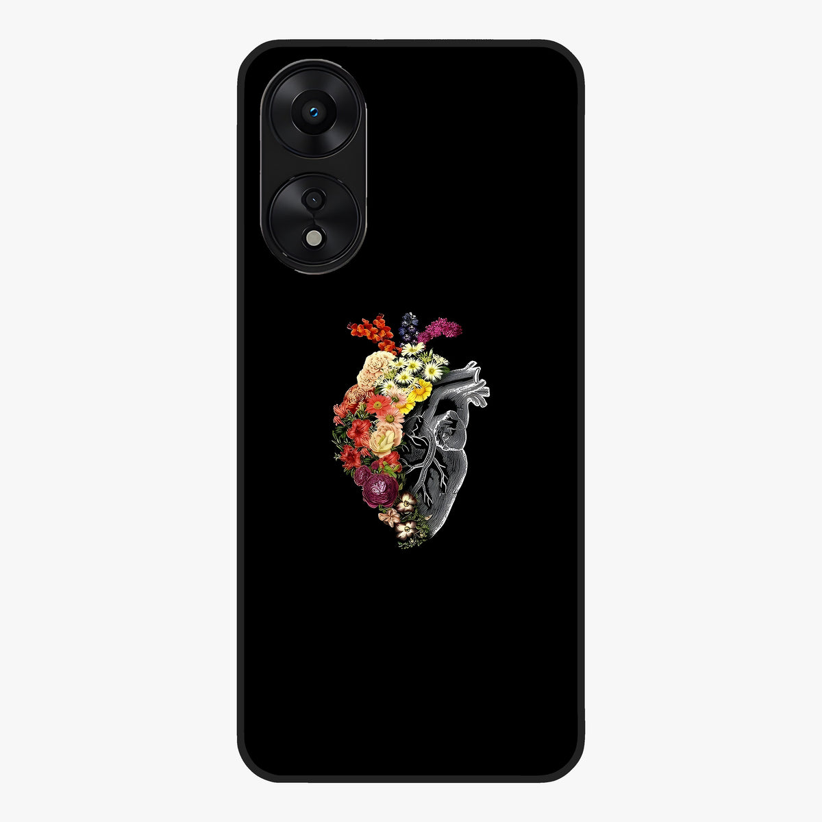 Heart With Flowers Glass Case showing flat back view with heart shaped floral artwork and glossy glass finish.