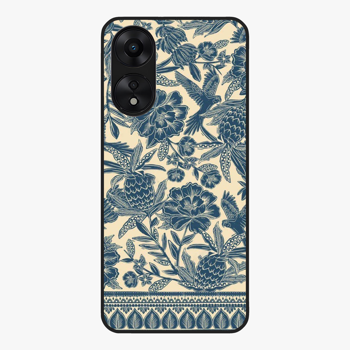 Heirloom Wild Bloom Glass Case showing flat back view with vintage inspired wild flower artwork and glossy glass finish.