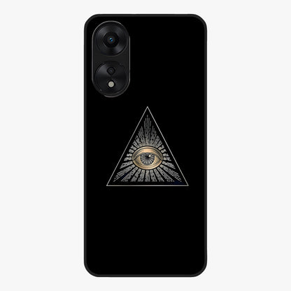 Illuminati Evil Glass Case showing flat back view with mysterious illuminati symbol artwork and glossy glass finish.