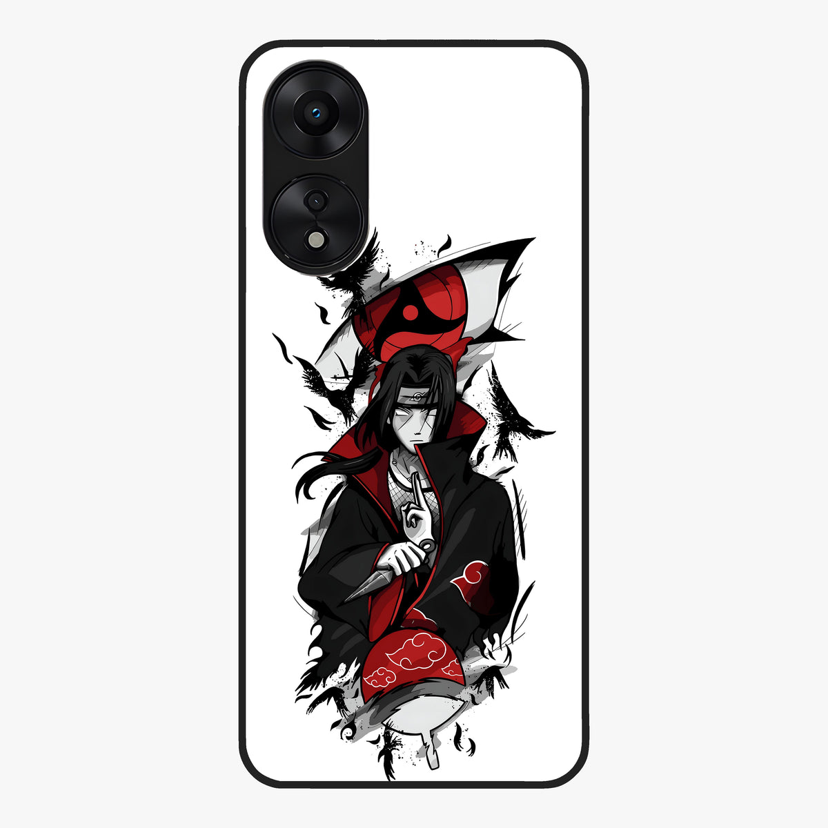 Itachi Sharingan Glass Case showing flat back view with powerful anime eye artwork and glossy glass finish.