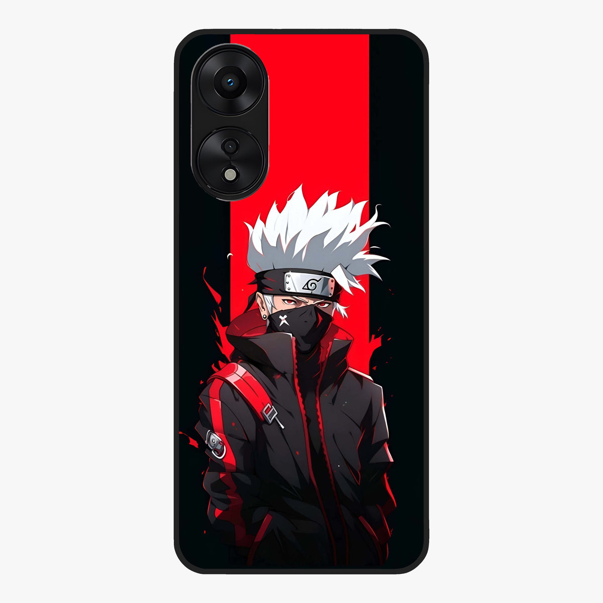 Kakashi Scarlet Shadow Glass Case showing flat back view with powerful anime ninja artwork and glossy glass finish.