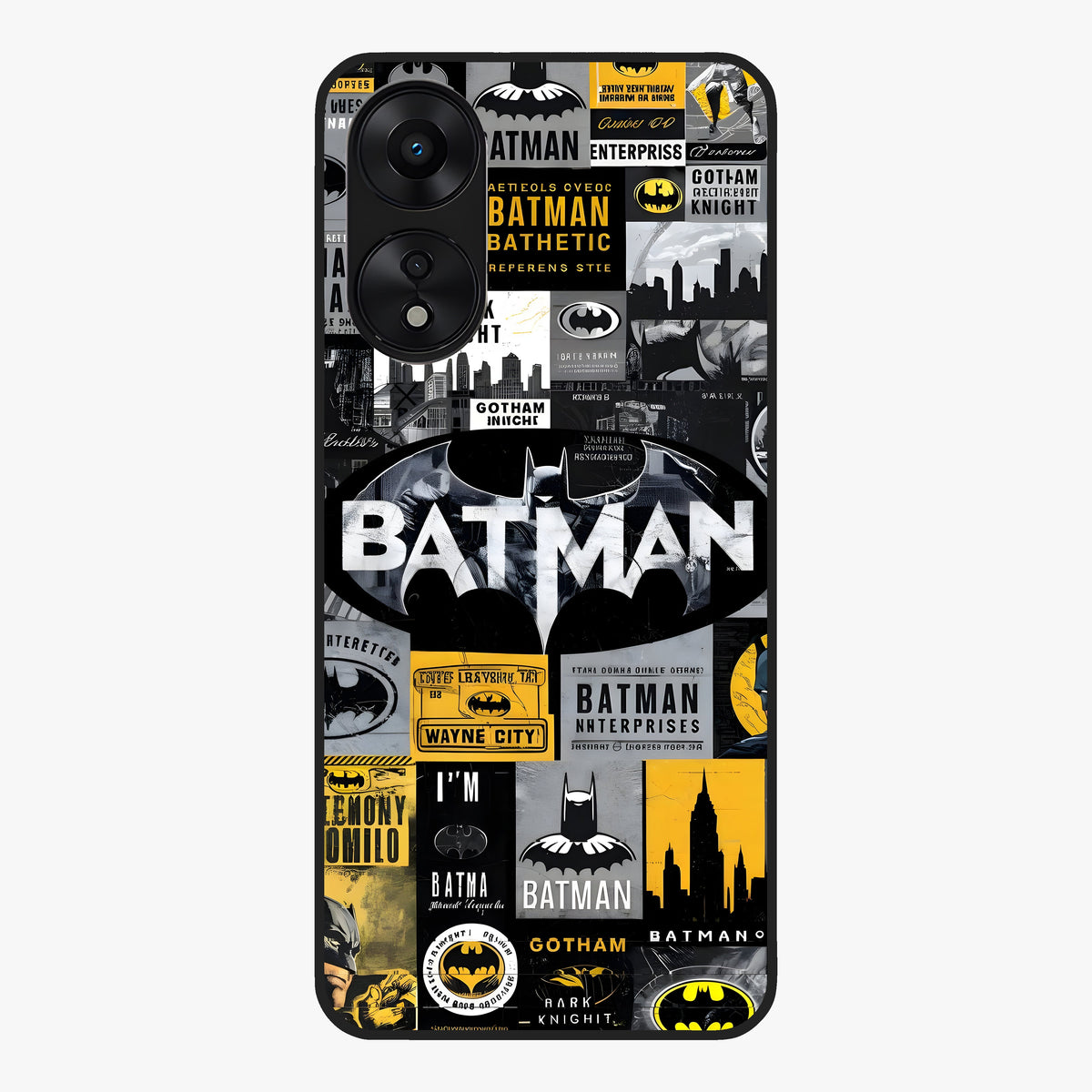 Knight Gotham Rise Glass Case showing flat back view with dark hero inspired artwork and glossy glass finish.