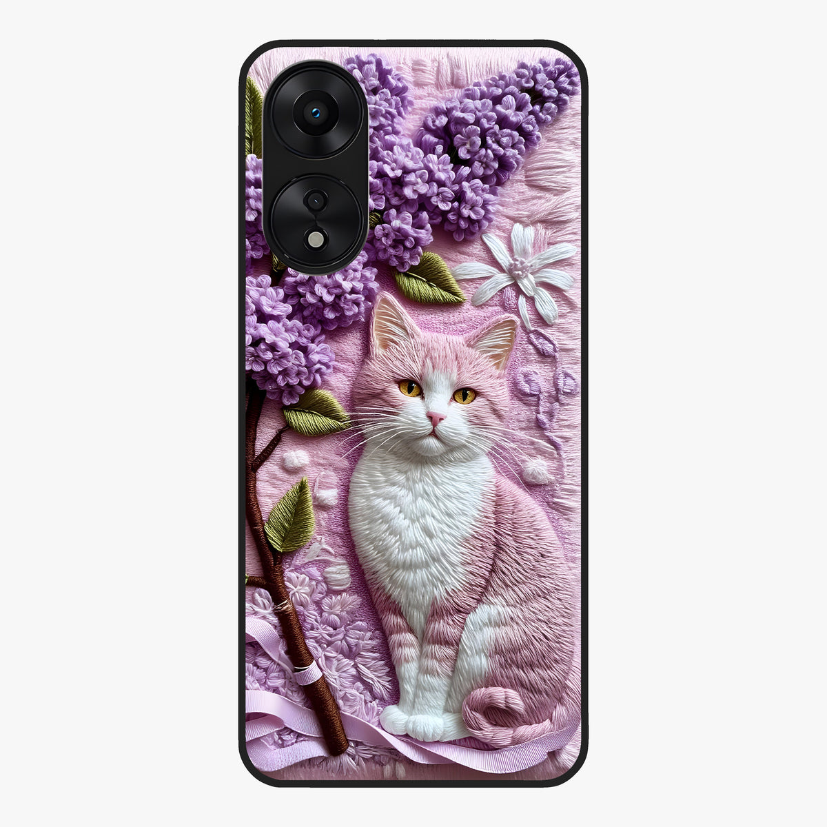 Lavender Cat Whimsy Glass Case showing flat back view with cute lavender cat artwork and glossy glass finish.