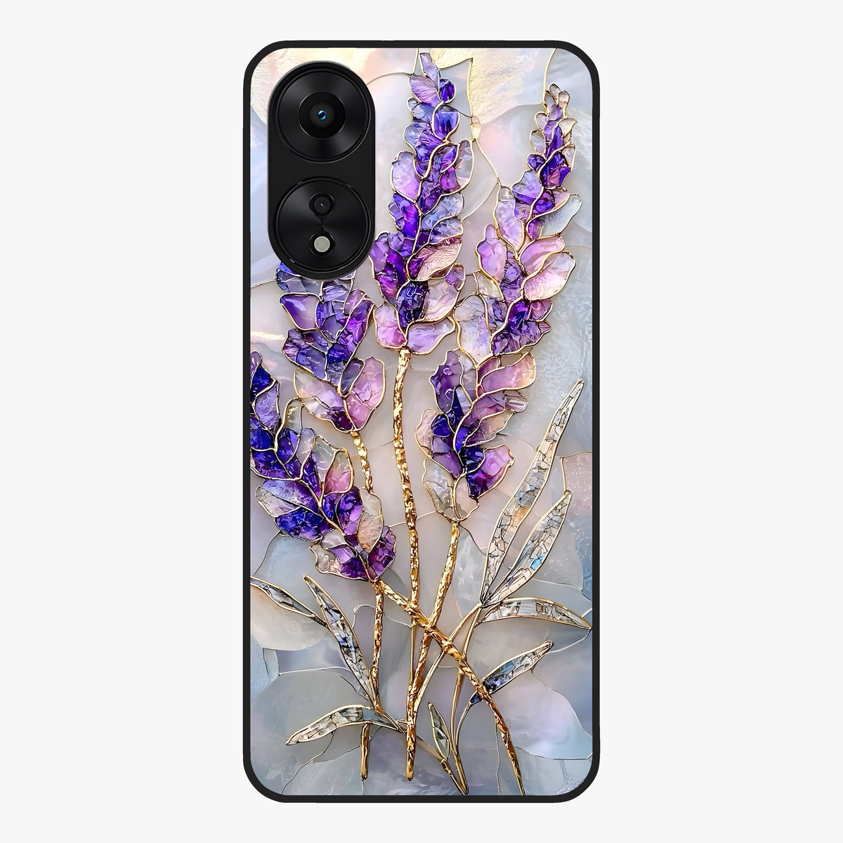 Lavender Dream Glow Glass Case showing flat back view with glowing lavender aesthetic artwork and glossy glass finish.