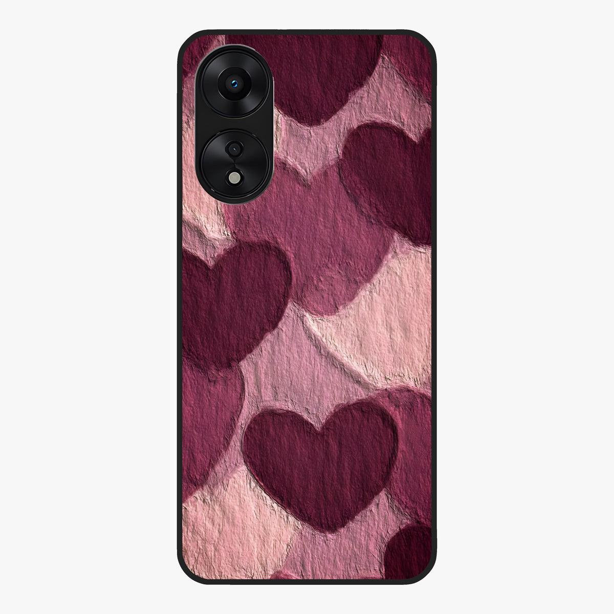 Layered Paper Hearts Glass Case showing flat back view with layered paper heart artwork and glossy glass finish.