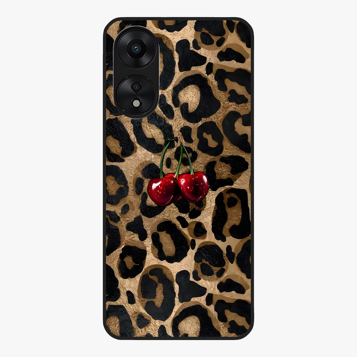 Leopard Wild Cherry Glass Case showing flat back view with leopard pattern and cherry artwork and glossy glass finish.