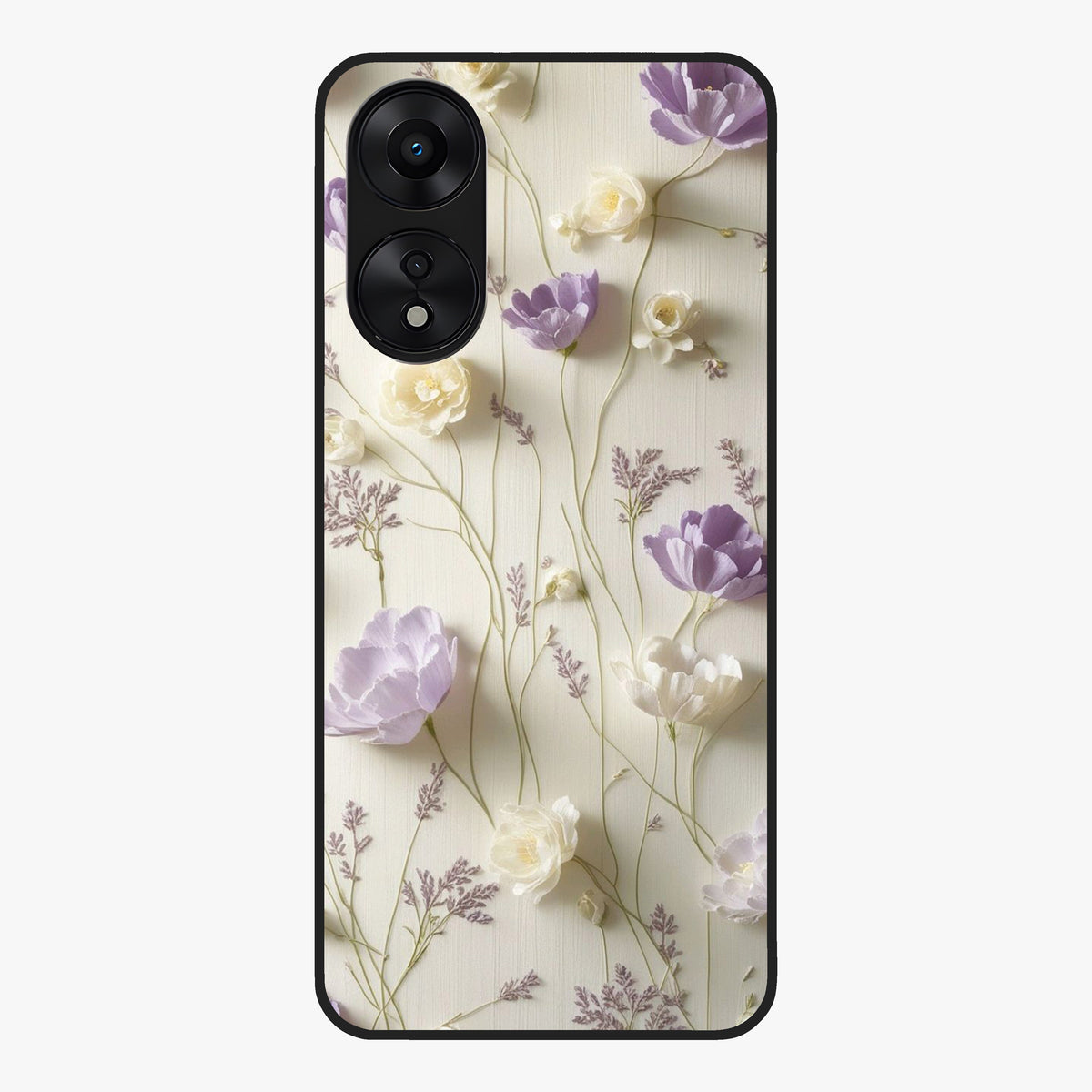 Lilac Breeze Harmony Glass Case showing flat back view with soft lilac themed artwork and glossy glass finish.