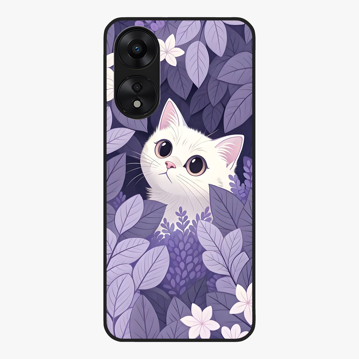 Lilac Hide Peek Cat Glass Case showing flat back view with cute peeking cat artwork and glossy glass finish.