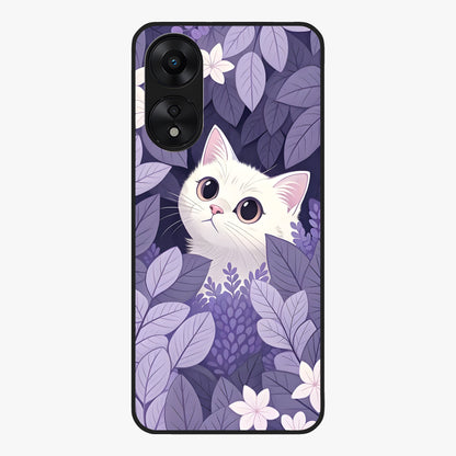 Lilac Hide Peek Cat Glass Case showing flat back view with cute peeking cat artwork and glossy glass finish.