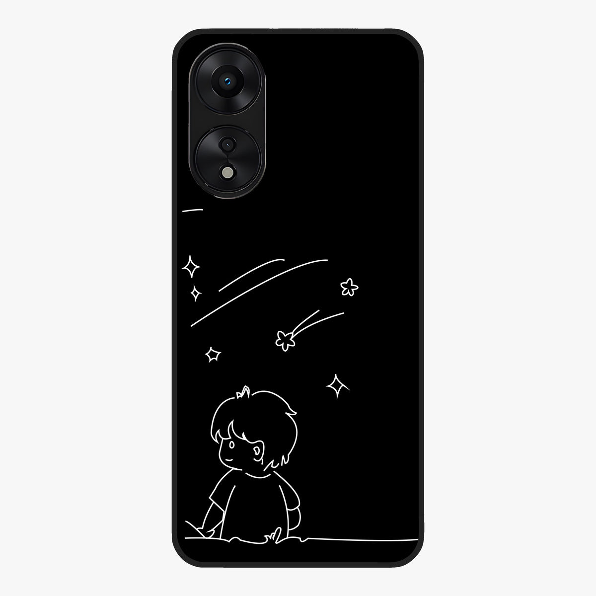 Line Art Boy With Shooting Stars Glass Case showing flat back view with minimal line art boy and shooting stars illustration and glossy glass finish.