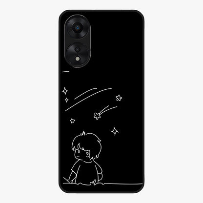 Line Art Boy With Shooting Stars Glass Case showing flat back view with minimal line art boy and shooting stars illustration and glossy glass finish.