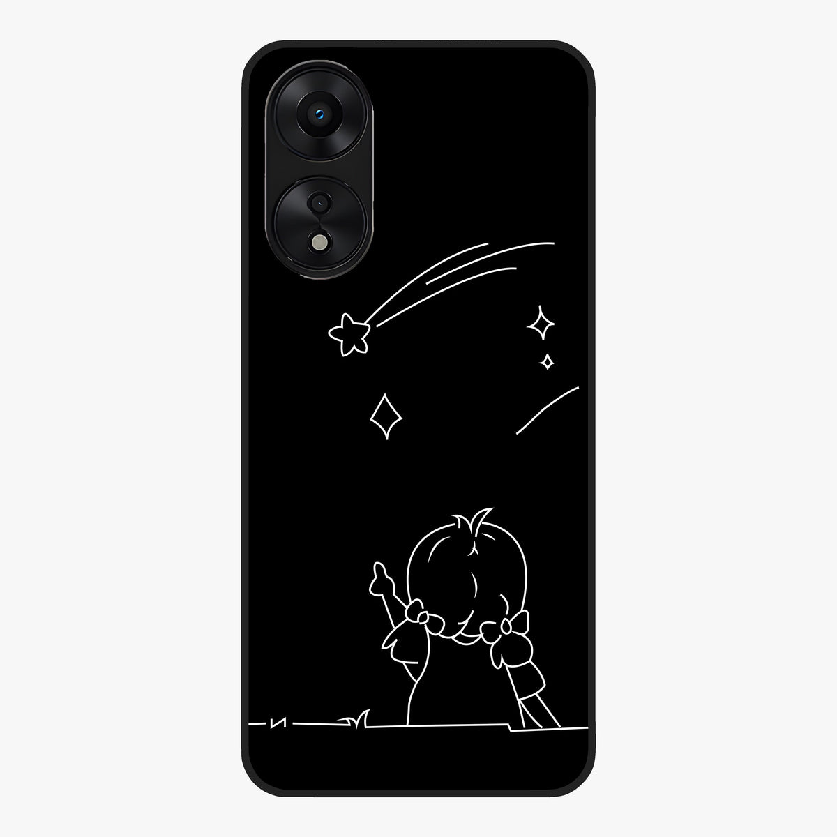Line Art Girl With Shooting Stars Glass Case showing flat back view with minimal line art girl and shooting stars illustration and glossy glass finish.
