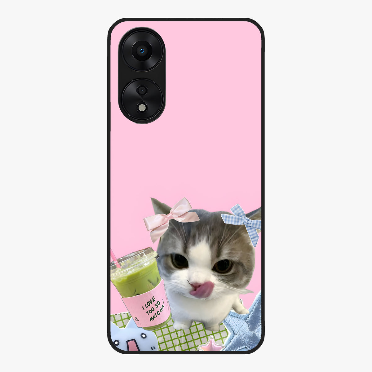 Love Matcha Cat Glass Case showing flat back view with cute cat and matcha themed artwork and glossy glass finish.