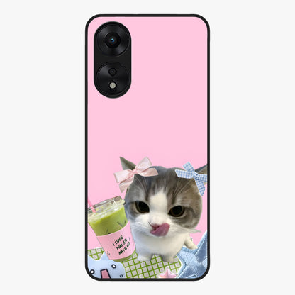 Love Matcha Cat Glass Case showing flat back view with cute cat and matcha themed artwork and glossy glass finish.