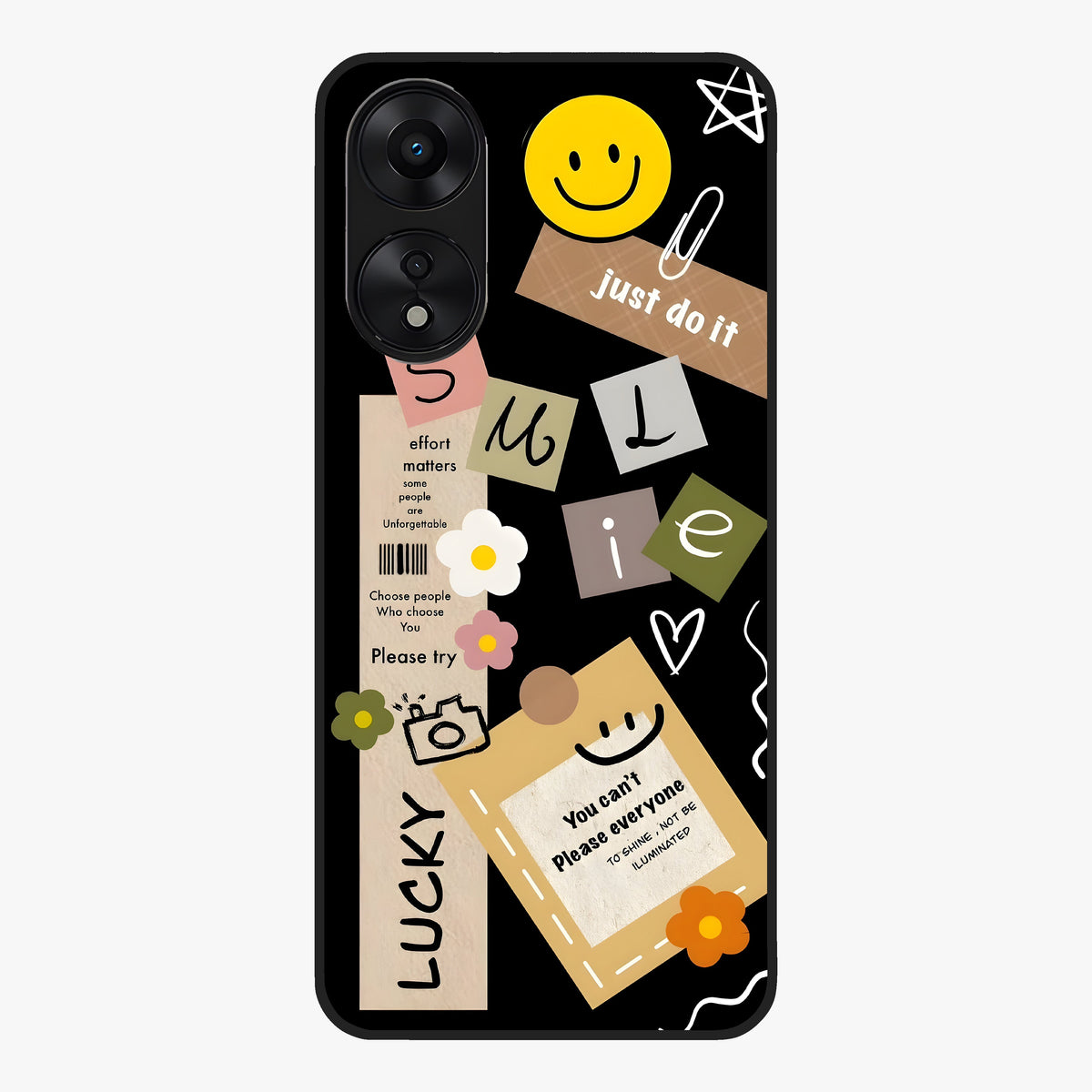 Lucky Aesthetic Collage Glass Case showing flat back view with trendy aesthetic collage artwork and glossy glass finish.