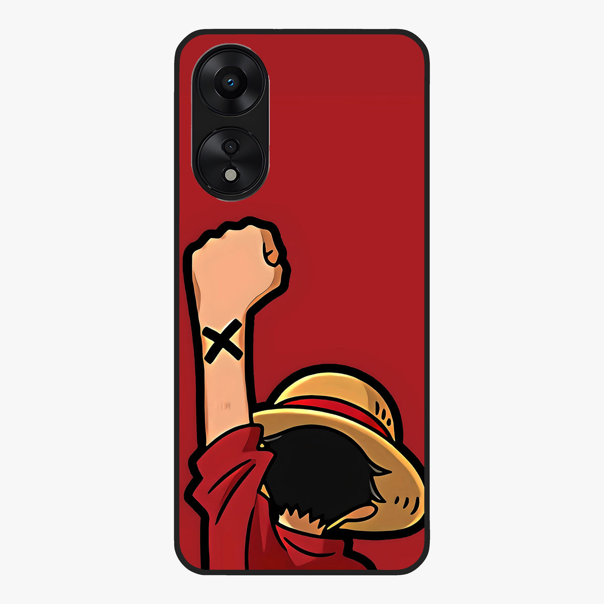 Luffy X Spirit Glass Case showing flat back view with bold anime character artwork and glossy glass finish.